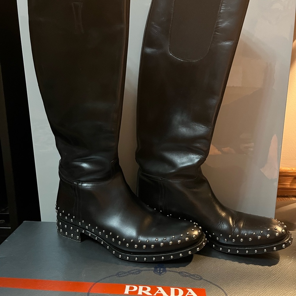 Prada black leather studded boots Sz37  1/2